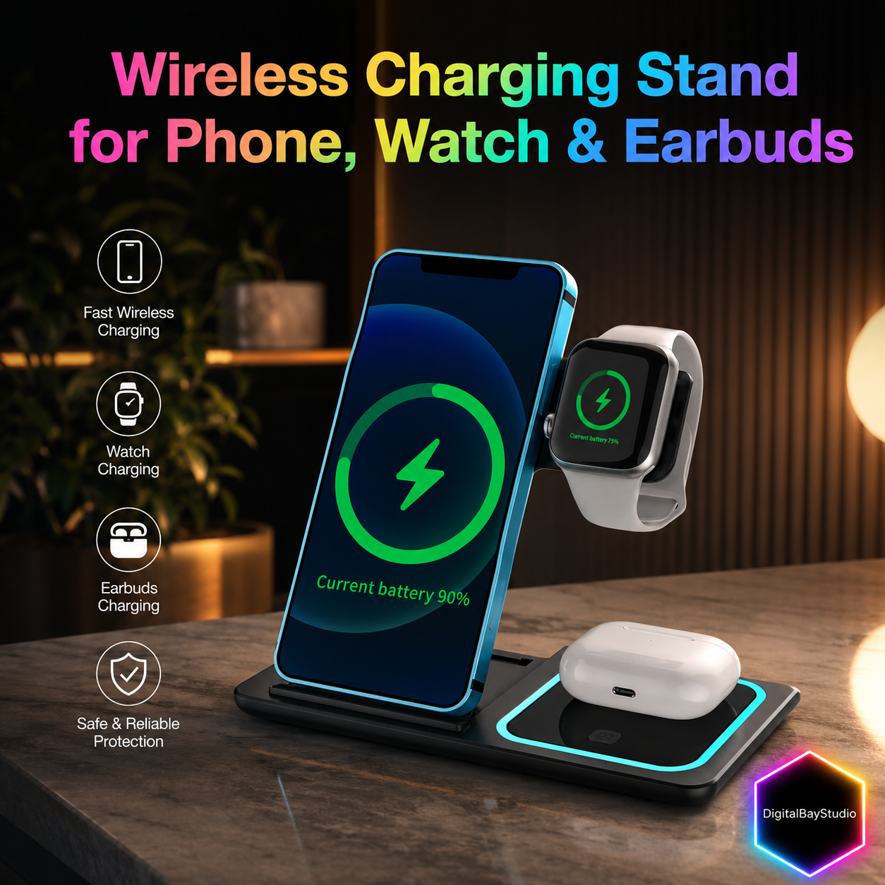 Wireless Charging Stand for Phone, Watch & Earbuds