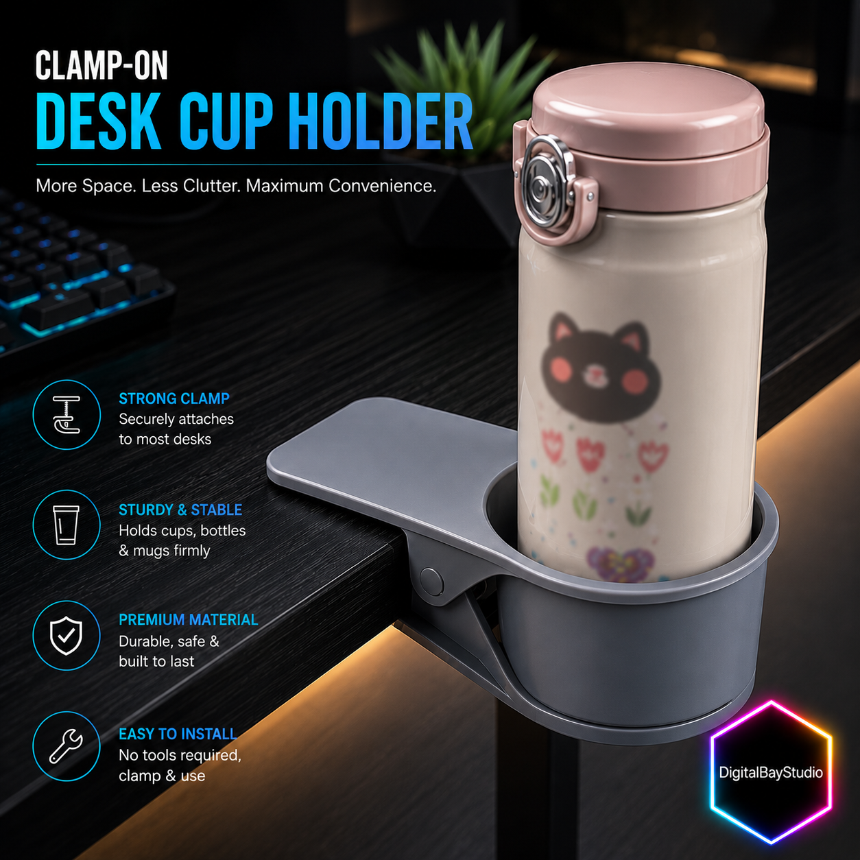 Clamp-On Desk Cup Holder for Office & Gaming Setups