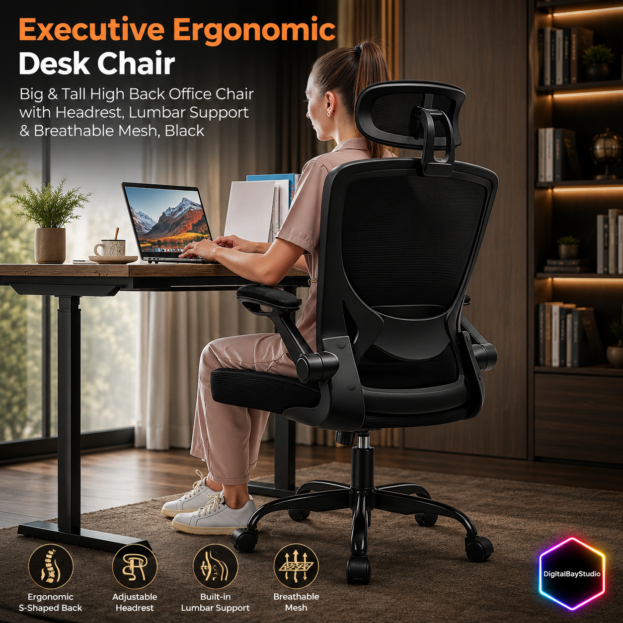 Executive Ergonomic Desk Chair – Big & Tall High Back Office Chair with Headrest, Lumbar Support & Breathable Mesh, Black