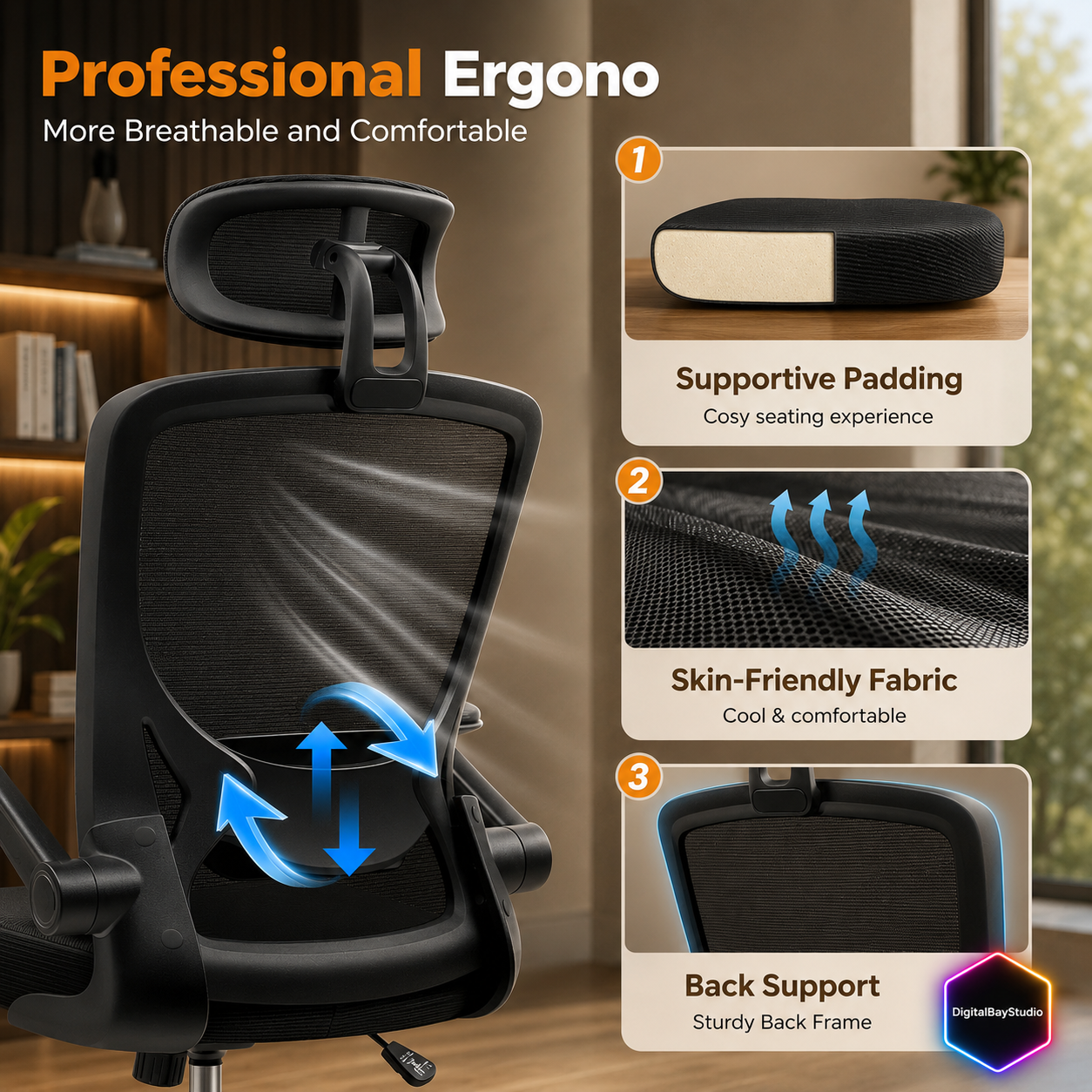Executive Ergonomic Desk Chair – Big & Tall High Back Office Chair with Headrest, Lumbar Support & Breathable Mesh, Black