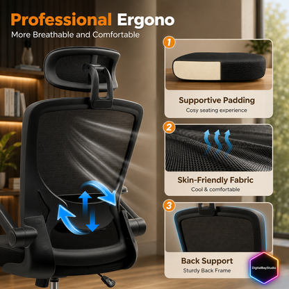Executive Ergonomic Desk Chair – Big & Tall High Back Office Chair with Headrest, Lumbar Support & Breathable Mesh, Black