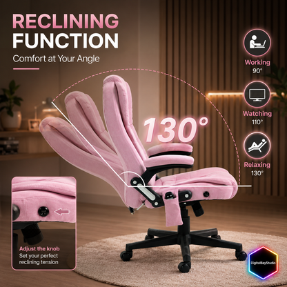Pink Executive Office Chair with Massage & Heat – Comfortable Linen Desk Chair with 6 Vibration Points