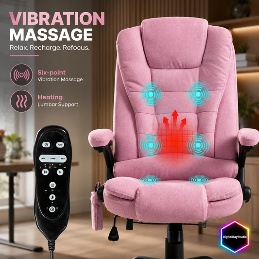 Pink Executive Office Chair with Massage & Heat – Comfortable Linen Desk Chair with 6 Vibration Points