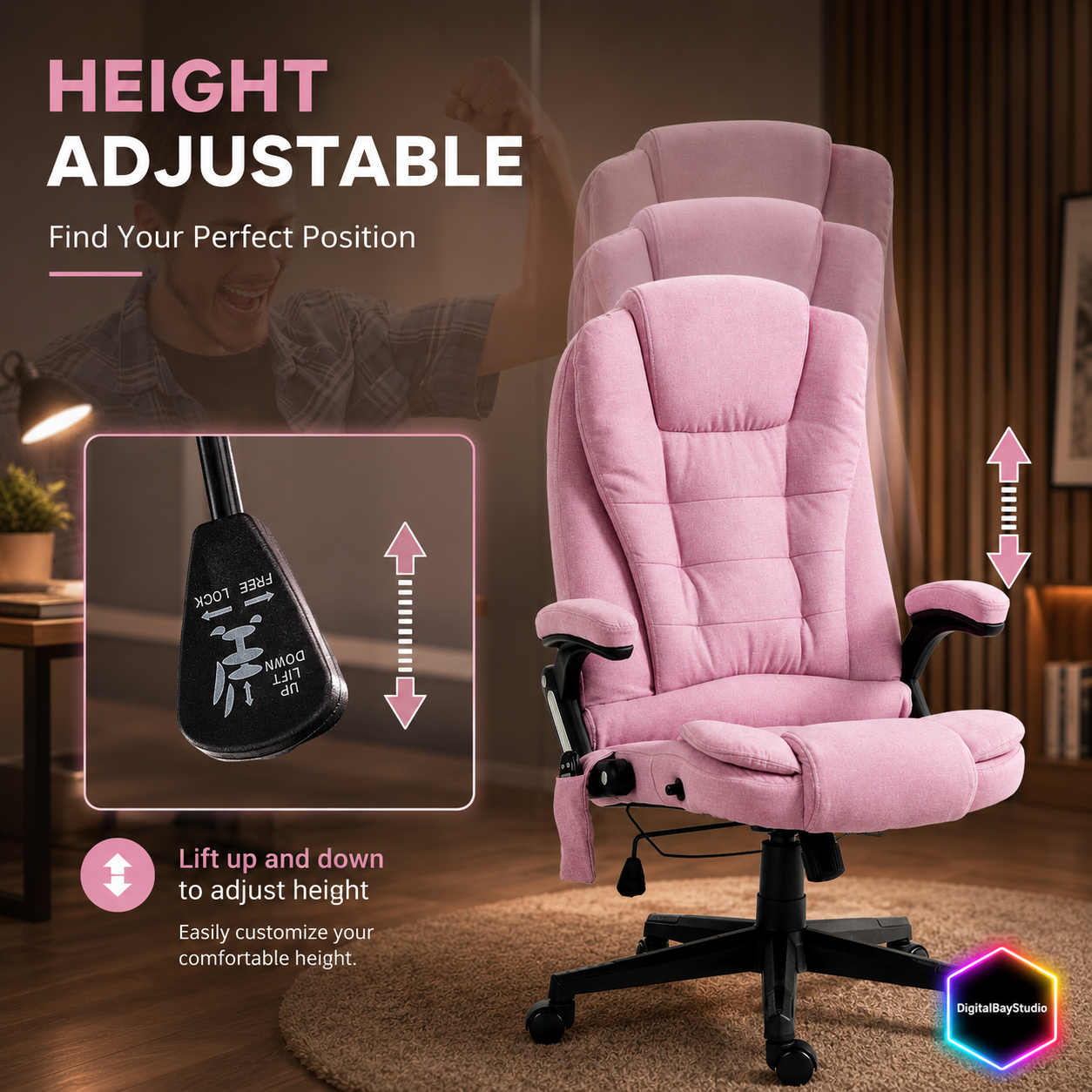 Pink Executive Office Chair with Massage & Heat – Comfortable Linen Desk Chair with 6 Vibration Points