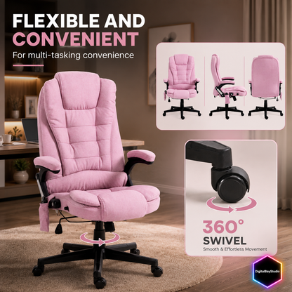 Pink Executive Office Chair with Massage & Heat – Comfortable Linen Desk Chair with 6 Vibration Points