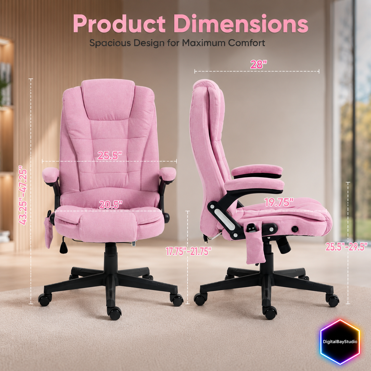 Pink Executive Office Chair with Massage & Heat – Comfortable Linen Desk Chair with 6 Vibration Points
