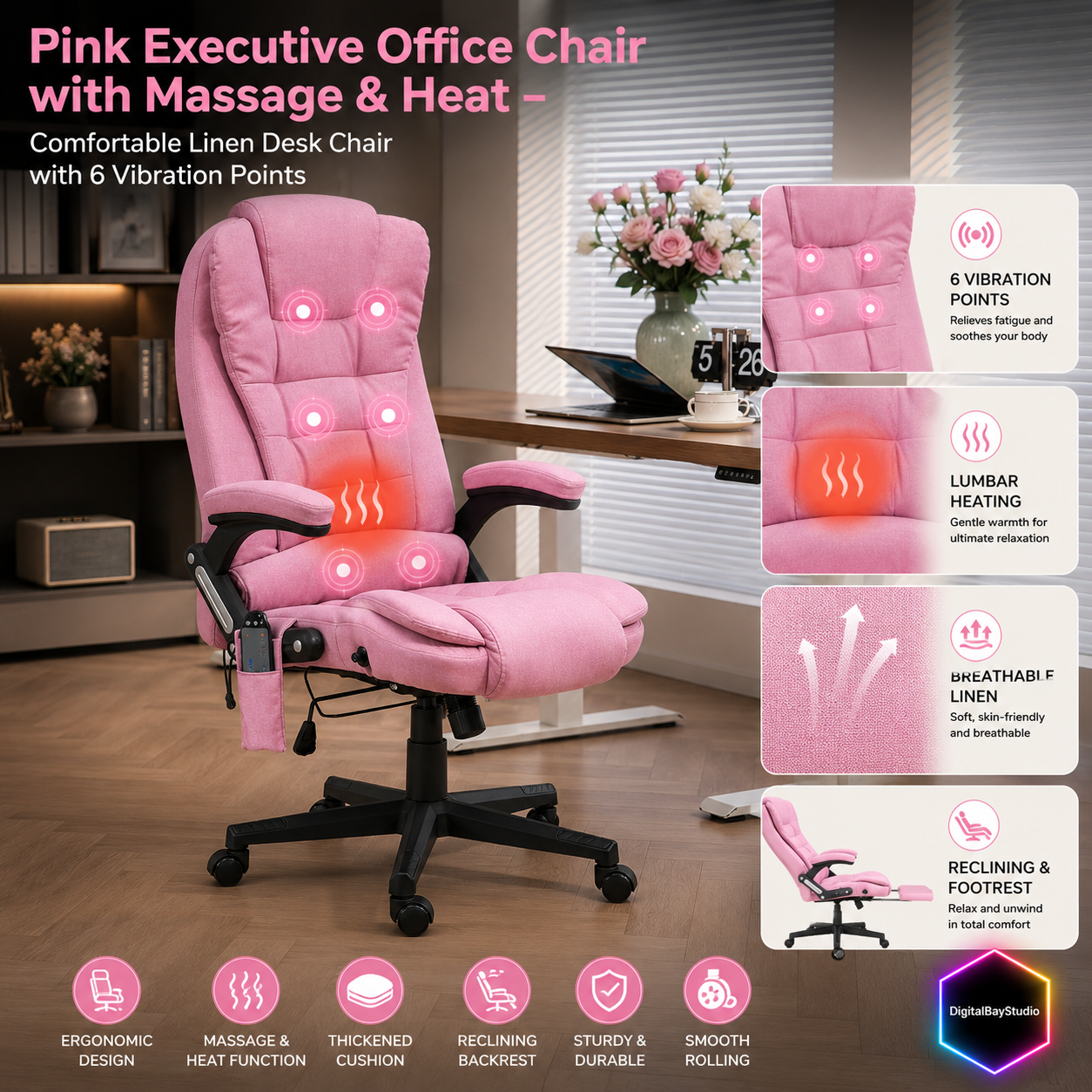 Pink Executive Office Chair with Massage & Heat – Comfortable Linen Desk Chair with 6 Vibration Points
