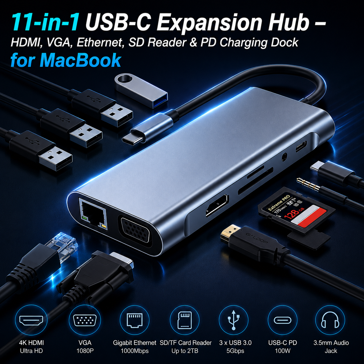 11-in-1 USB-C Expansion Hub – HDMI, VGA, Ethernet, SD Reader & PD Charging Dock for MacBook