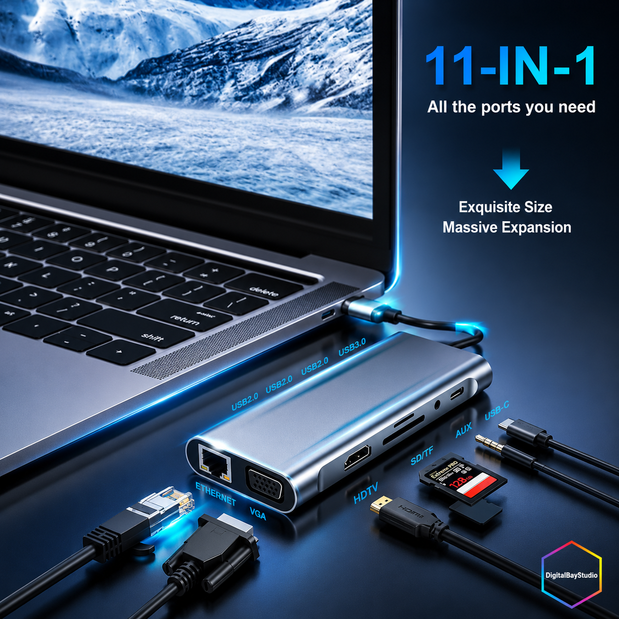 11-in-1 USB-C Expansion Hub – HDMI, VGA, Ethernet, SD Reader & PD Charging Dock for MacBook