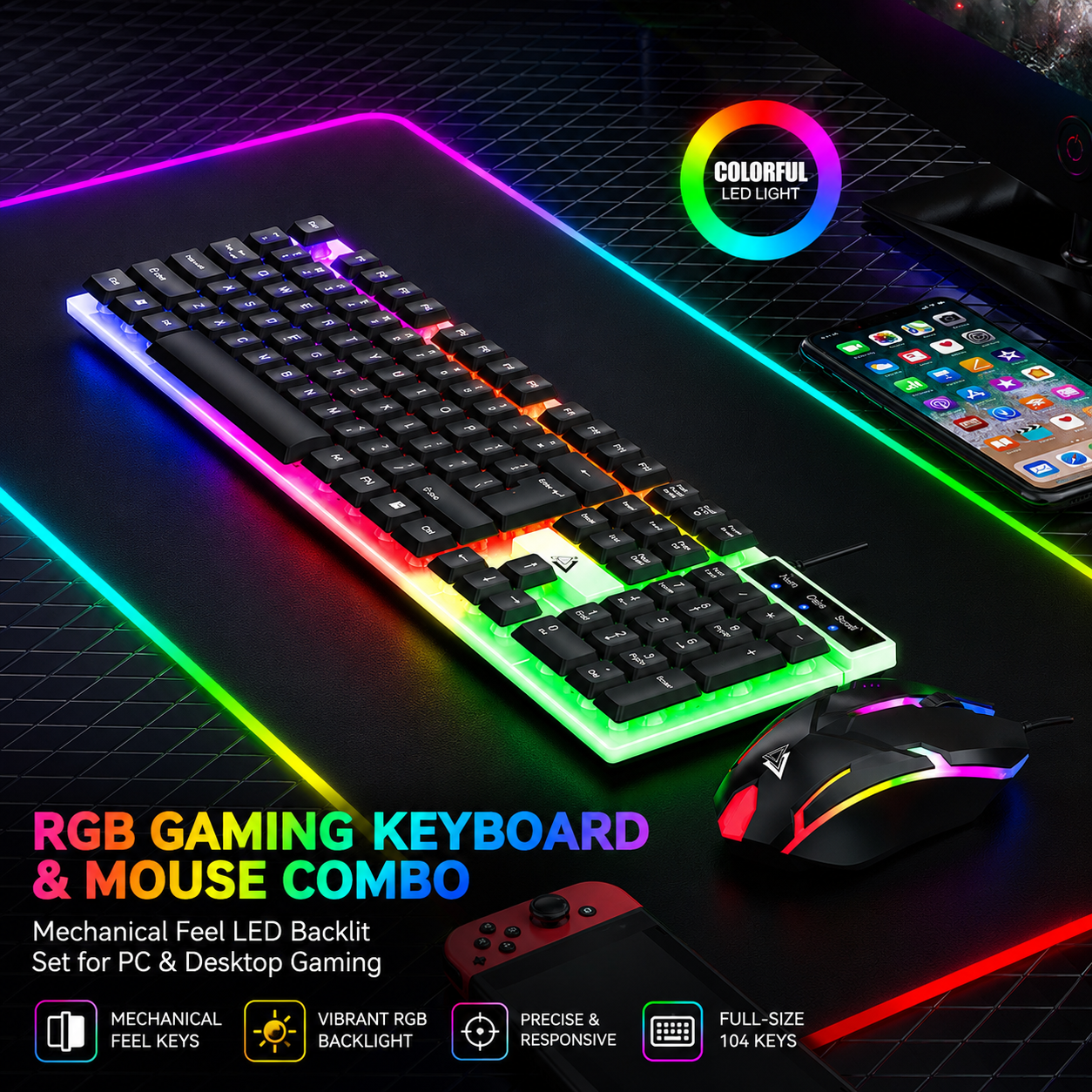 RGB Gaming Keyboard & Mouse Combo – Mechanical Feel LED Backlit Set for PC & Desktop Gaming