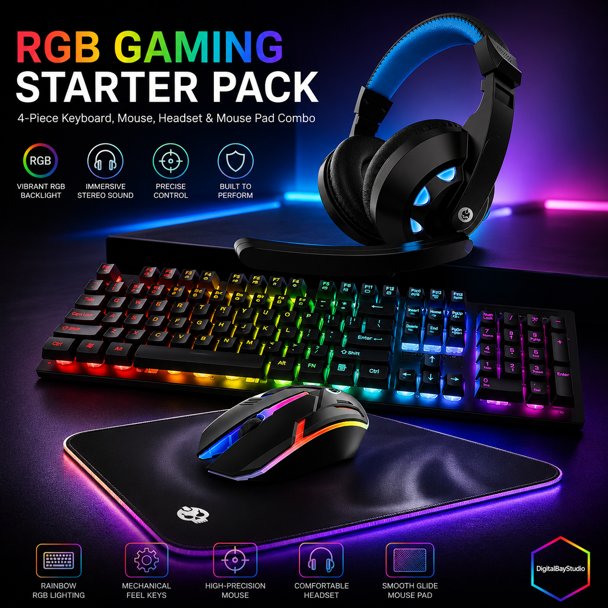 RGB Gaming Starter Pack – 4-Piece Keyboard, Mouse, Headset & Mouse Pad Combo