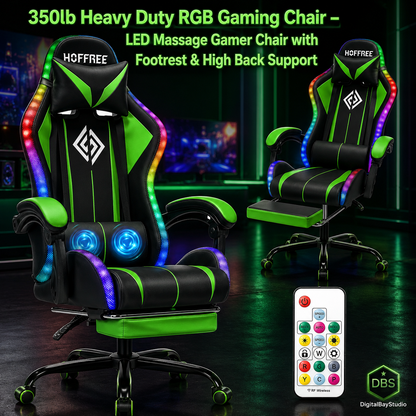 350lb Heavy Duty RGB Gaming Chair – LED Massage Gamer Chair with Footrest & High Back Support