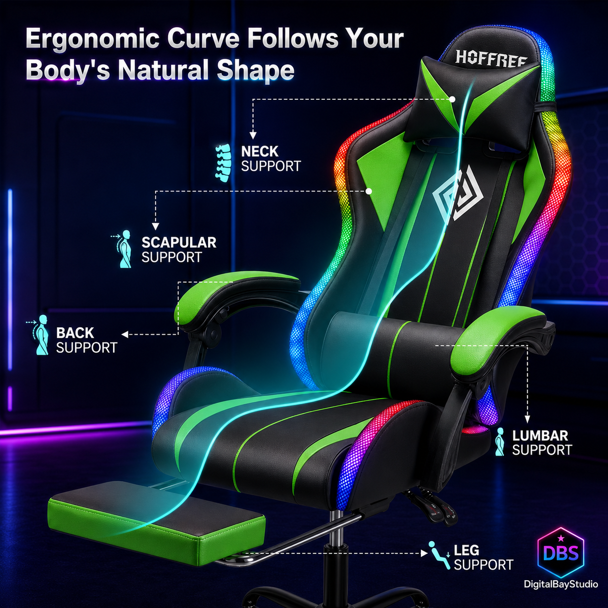 350lb Heavy Duty RGB Gaming Chair – LED Massage Gamer Chair with Footrest & High Back Support