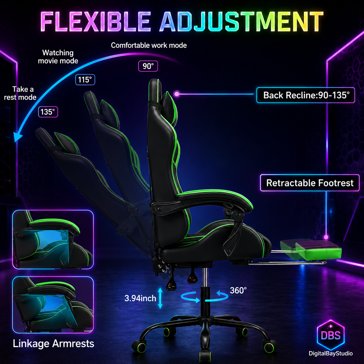 350lb Heavy Duty RGB Gaming Chair – LED Massage Gamer Chair with Footrest & High Back Support