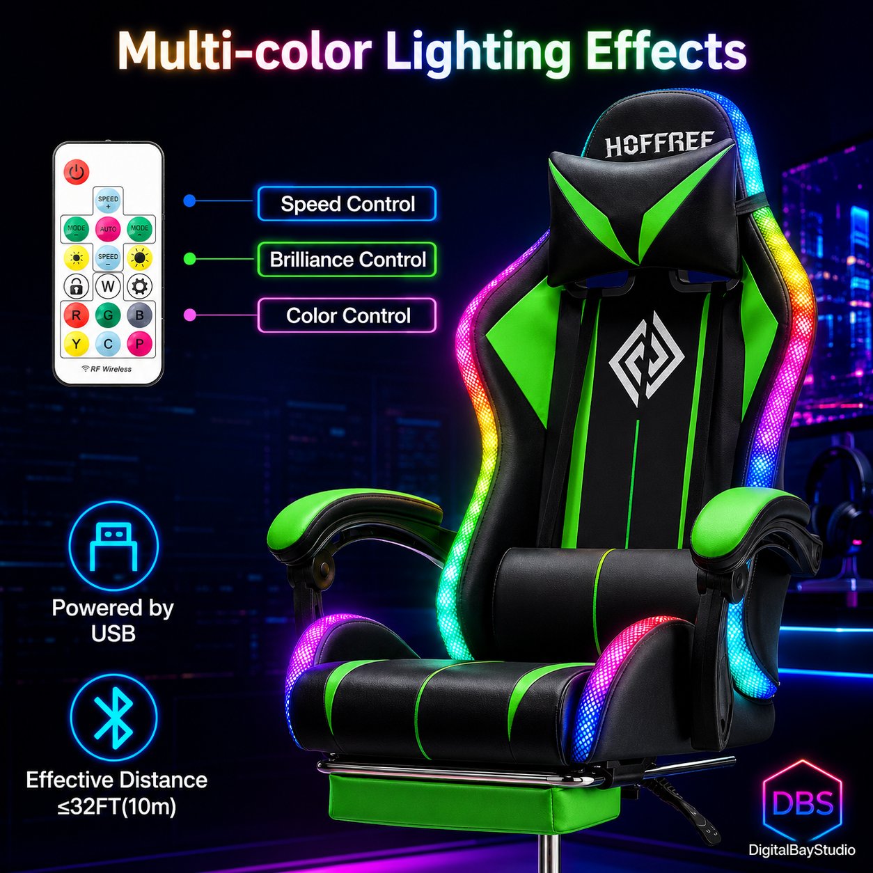 350lb Heavy Duty RGB Gaming Chair – LED Massage Gamer Chair with Footrest & High Back Support
