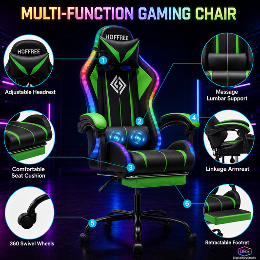 350lb Heavy Duty RGB Gaming Chair – LED Massage Gamer Chair with Footrest & High Back Support