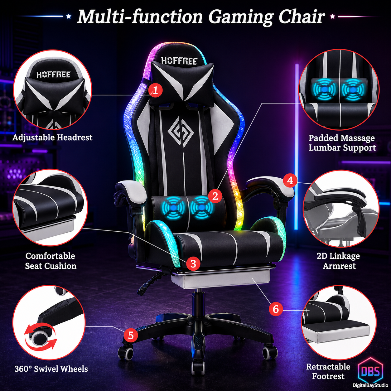 Massage Gaming Chair with Bluetooth Speakers – RGB Ergonomic Computer Chair with Footrest