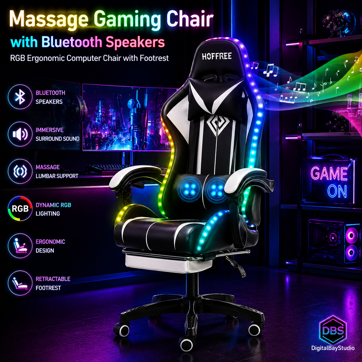 Massage Gaming Chair with Bluetooth Speakers – RGB Ergonomic Computer Chair with Footrest