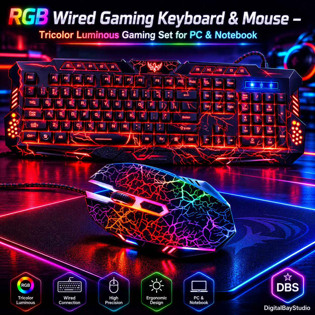 RGB Wired Gaming Keyboard & Mouse – Tricolor Luminous Gaming Set for PC & Notebook