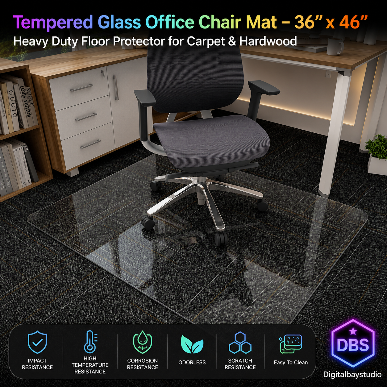Tempered Glass Office Chair Mat – 36” x 46” Heavy Duty Floor Protector for Carpet & Hardwood