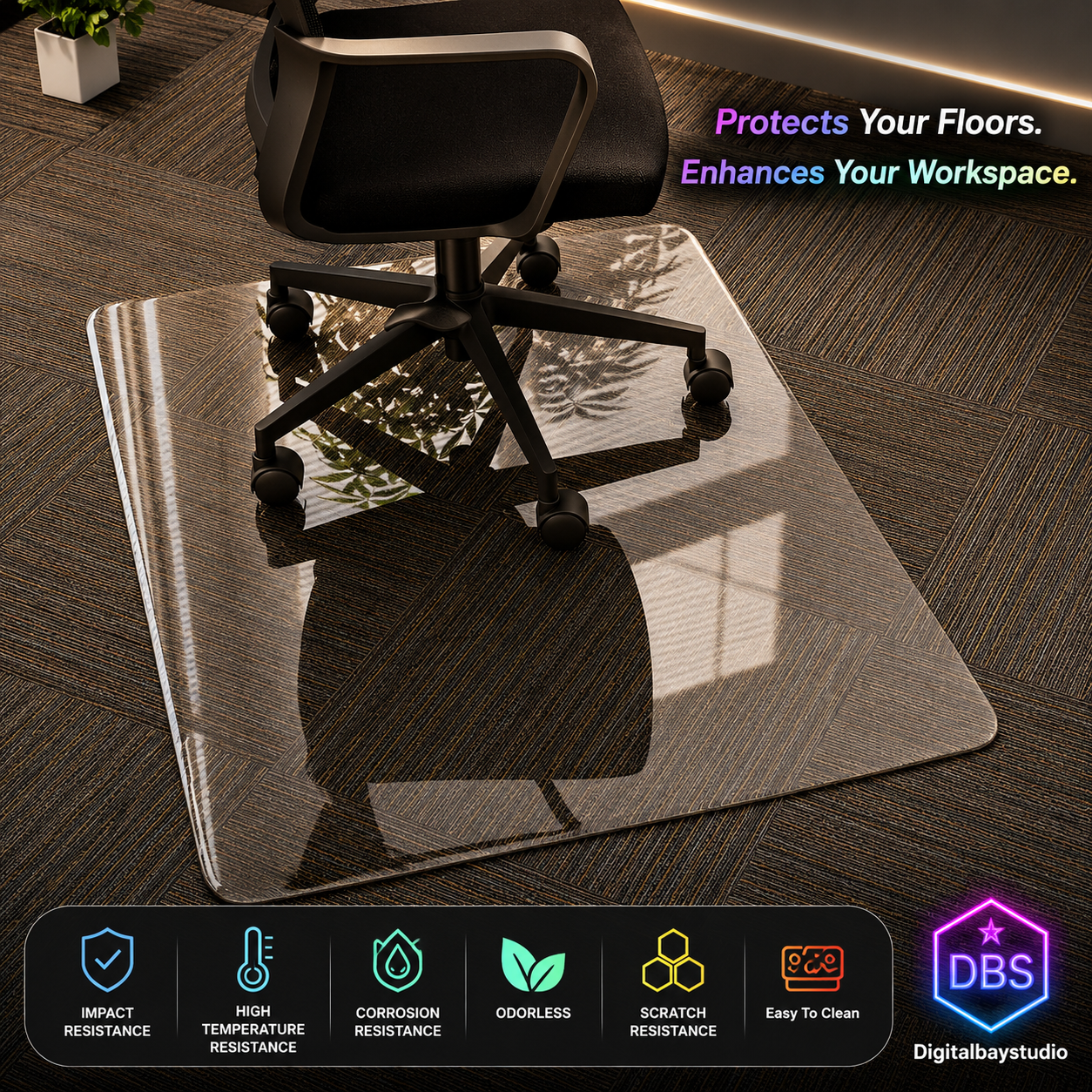 Tempered Glass Office Chair Mat – 36” x 46” Heavy Duty Floor Protector for Carpet & Hardwood