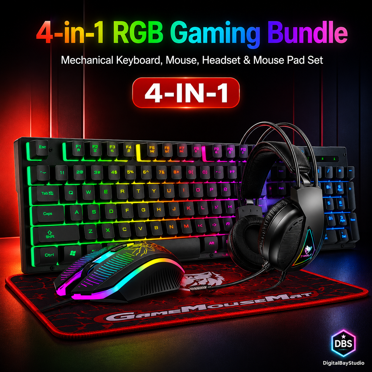 4-in-1 RGB Gaming Bundle – Mechanical Keyboard, Mouse, Headset & Mouse Pad Set