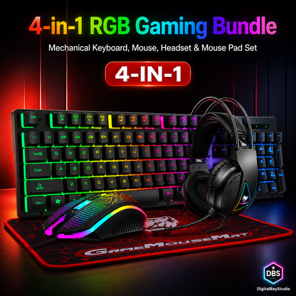 4-in-1 RGB Gaming Bundle – Mechanical Keyboard, Mouse, Headset & Mouse Pad Set
