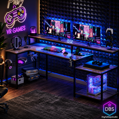 71” LED Gaming & Office Desk – L-Shaped Workstation with Monitor Stand