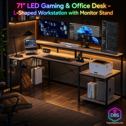 71” LED Gaming & Office Desk – L-Shaped Workstation with Monitor Stand