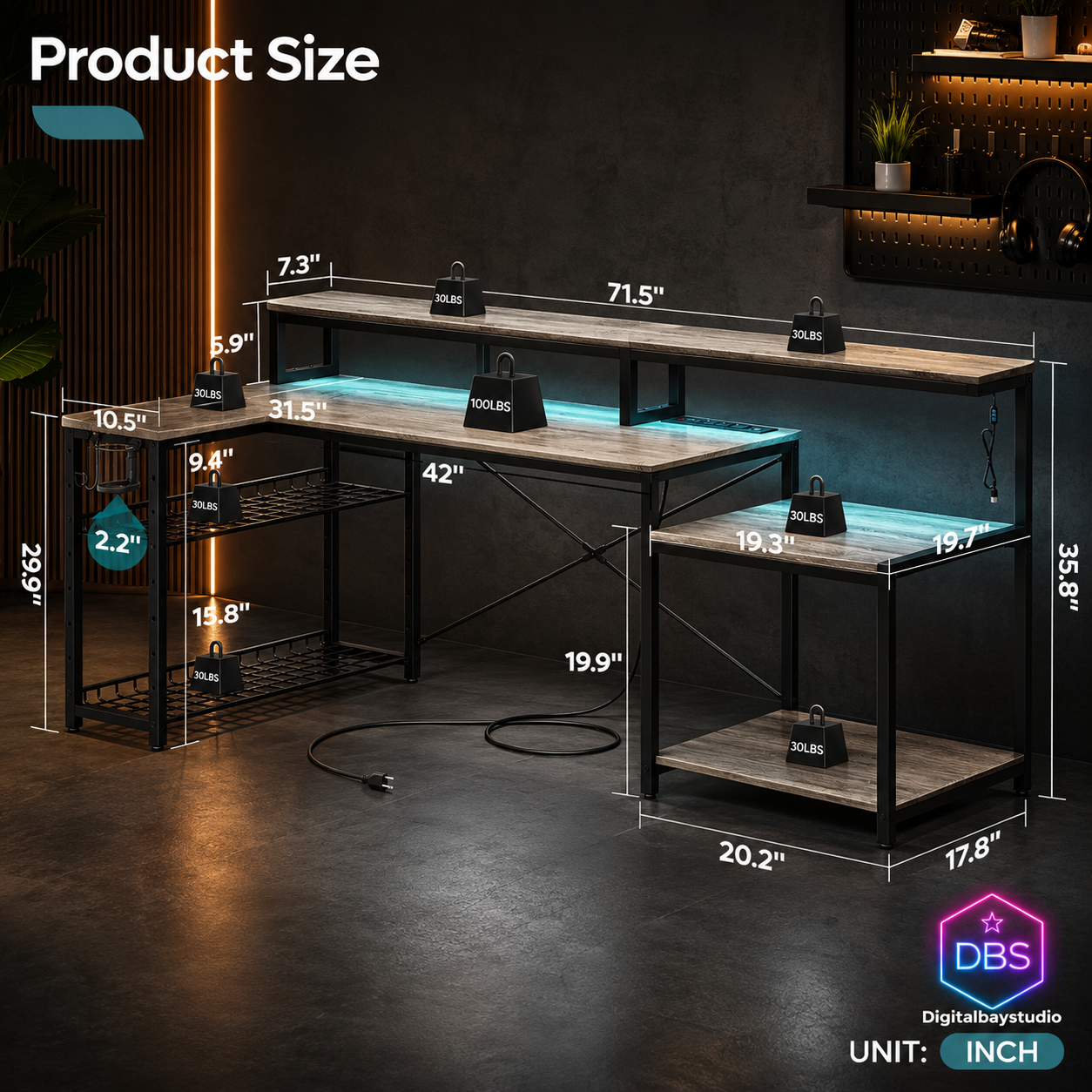 71” LED Gaming & Office Desk – L-Shaped Workstation with Monitor Stand