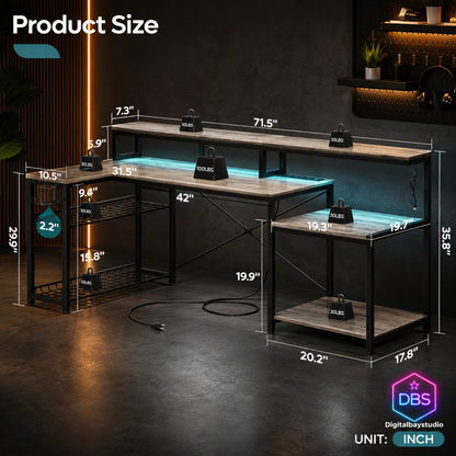 71” LED Gaming & Office Desk – L-Shaped Workstation with Monitor Stand