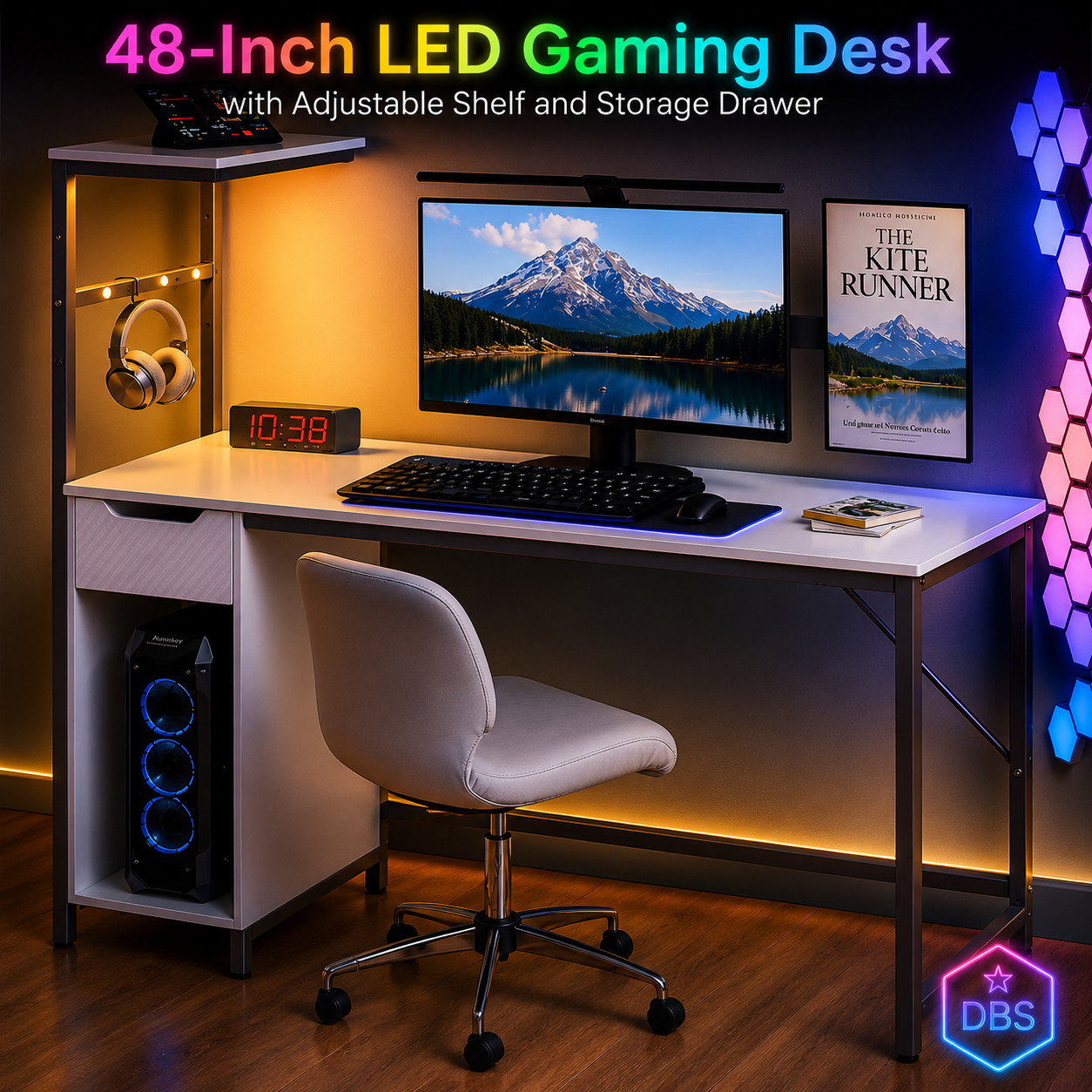 48-Inch LED Gaming Desk with Adjustable Shelf and Storage Drawer, White