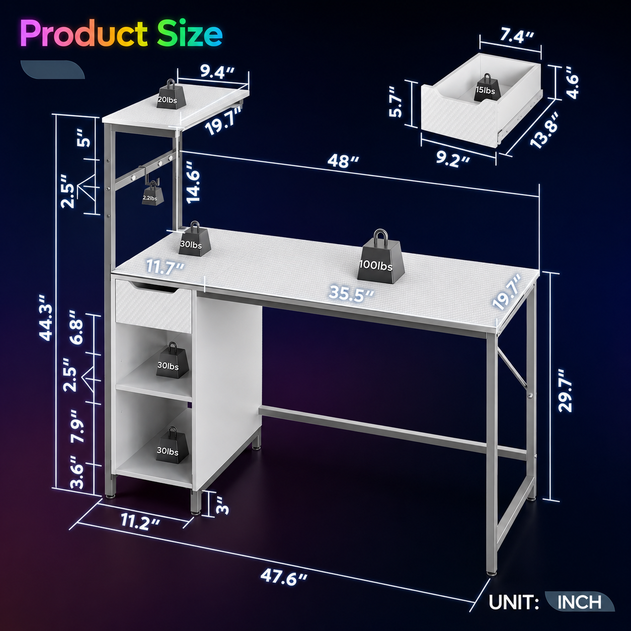 48-Inch LED Gaming Desk with Adjustable Shelf and Storage Drawer, White