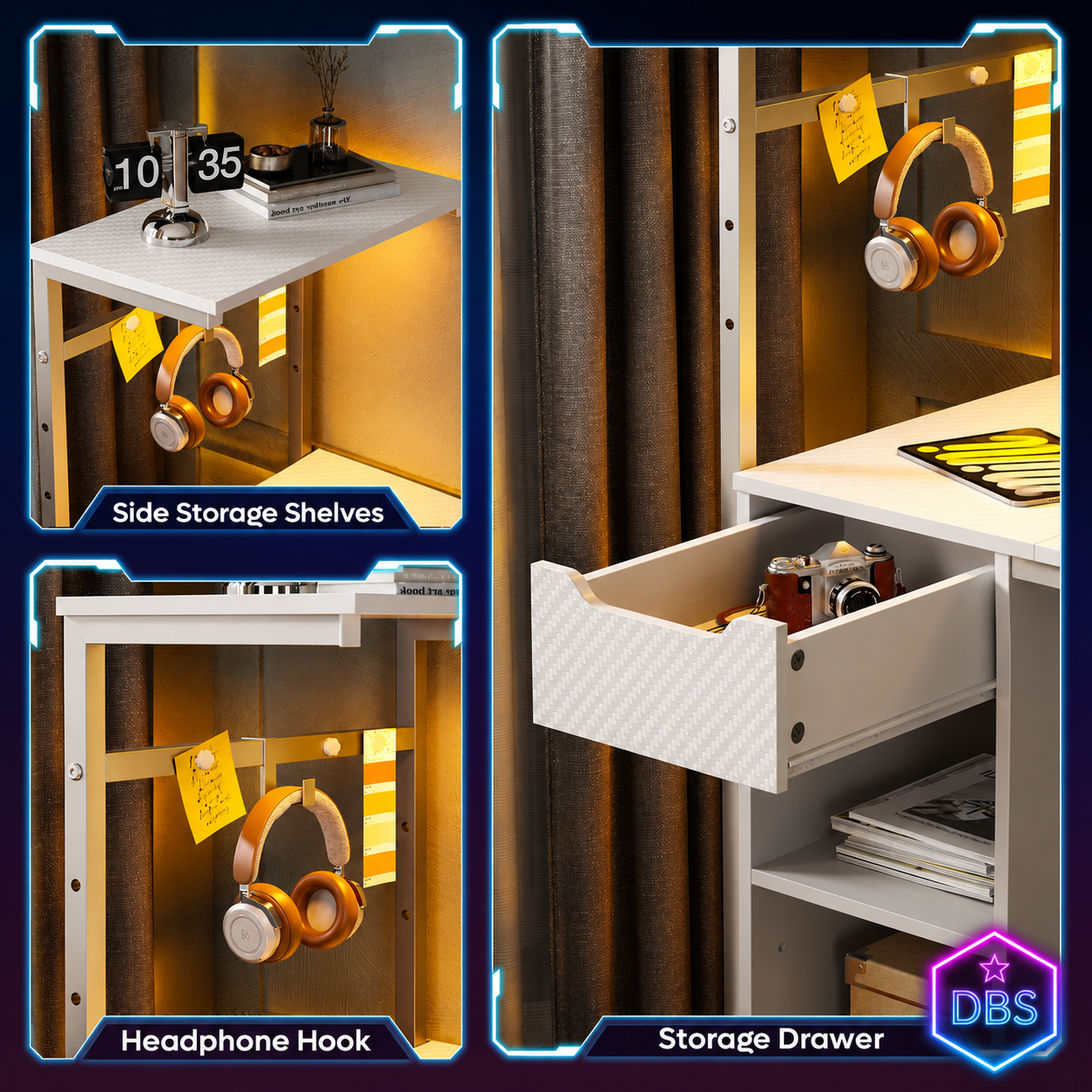 48-Inch LED Gaming Desk with Adjustable Shelf and Storage Drawer, White