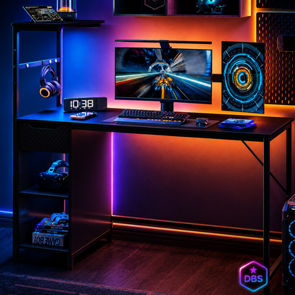 48-Inch LED Gaming Desk with Adjustable Shelf and Storage Drawer, Black