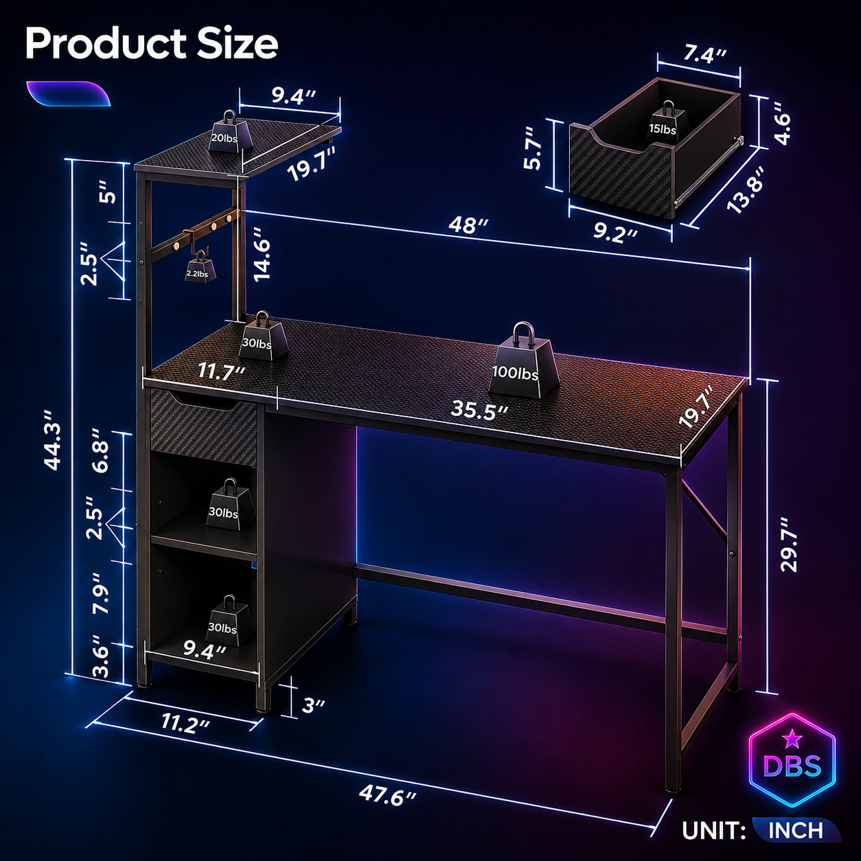 48-Inch LED Gaming Desk with Adjustable Shelf and Storage Drawer, Black