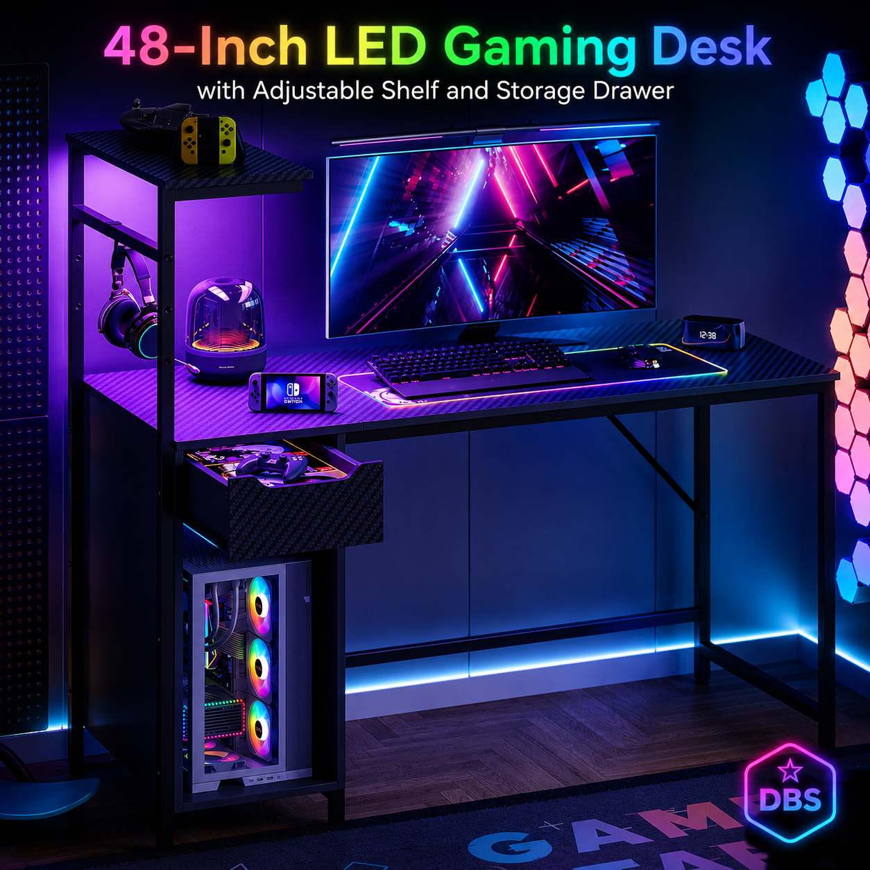 48-Inch LED Gaming Desk with Adjustable Shelf and Storage Drawer, Black