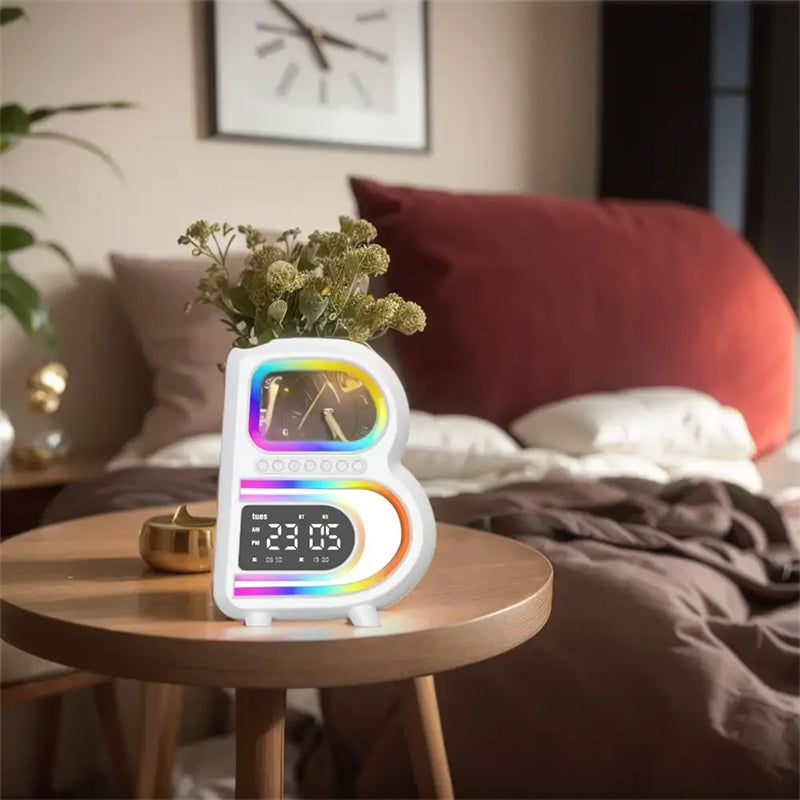 RGB Bluetooth Speaker Lamp with Wireless Charging – B-Shaped Smart LED Music Rhythm Light, Alarm Clock, TF Card & AUX Bedside Table Lamp