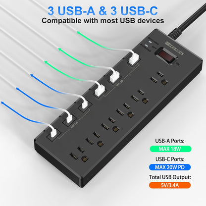 Surge Protector Power Strip – 6 AC Outlets, 6 USB Ports (USB-C + USB-A), 20W Fast Charging, 6FT Cord
