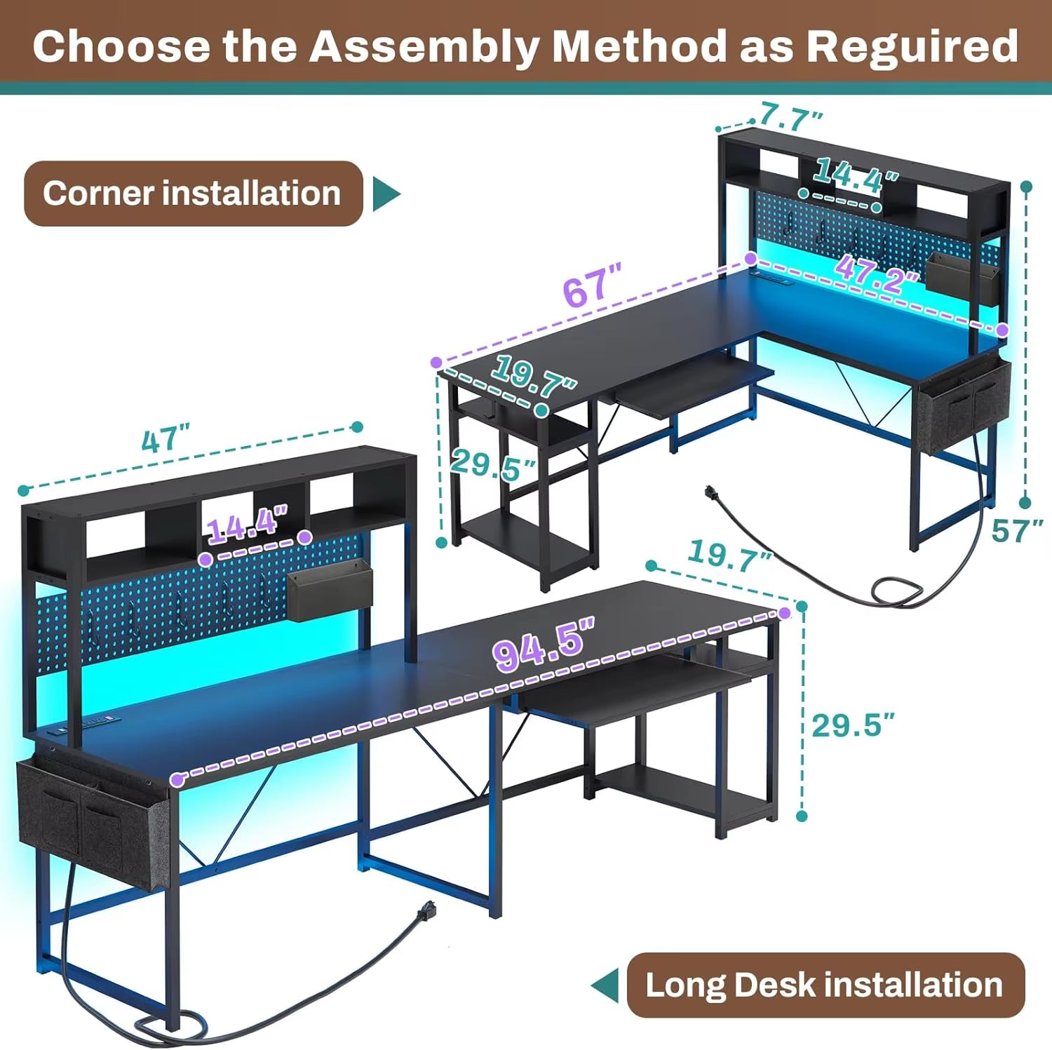 67" L-Shaped Gaming Desk with LED Lights & Power Outlet – Reversible Computer Corner Desk with Pegboard Storage for Home Office & Gaming Setup
