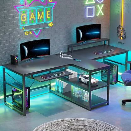 94.5" Twin Computer Gaming Desk with LED Lights, Storage & Keyboard Tray – Large Workstation Desk with Power Strip