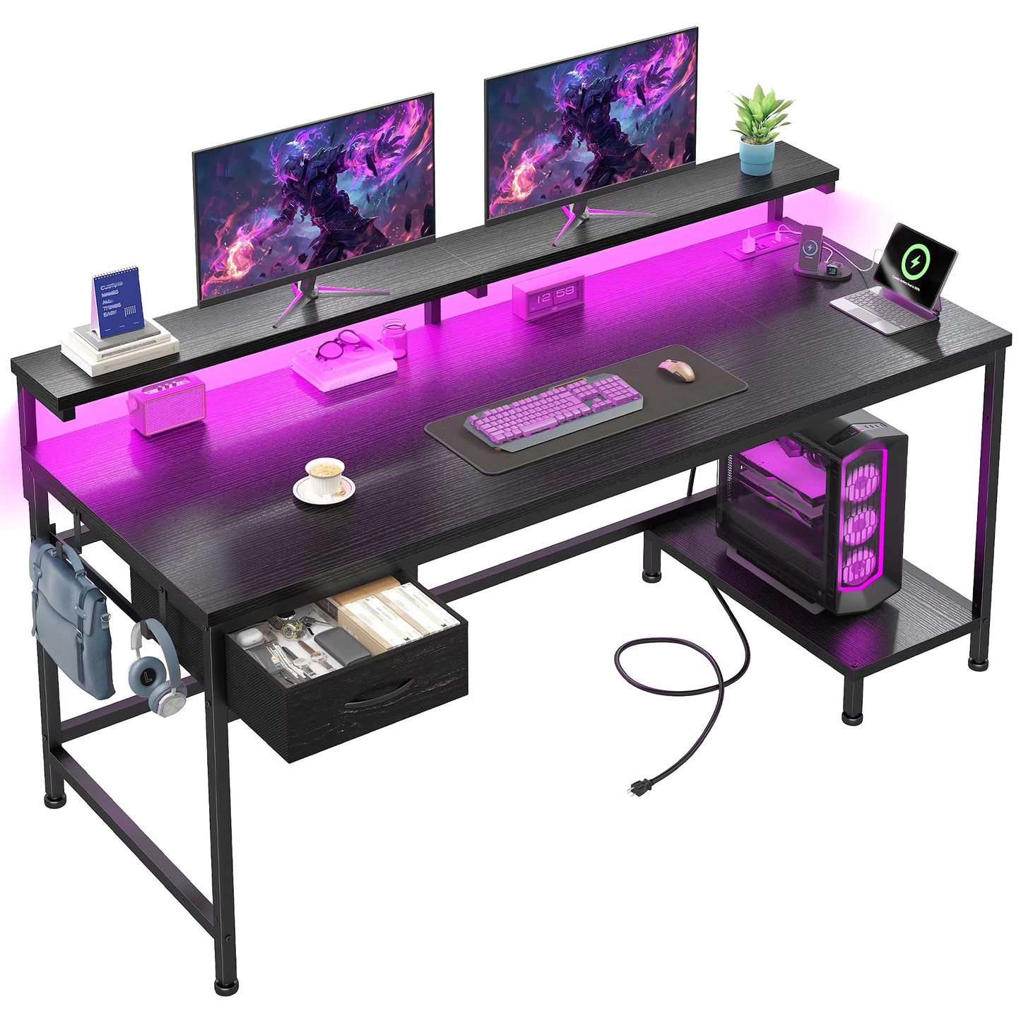 LED RGB Desk with Charging Station, Drawer & Monitor Stand – Modern Computer Desk for Gaming & Home Office