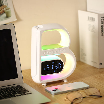 RGB Bluetooth Speaker Lamp with Wireless Charging – B-Shaped Smart LED Music Rhythm Light, Alarm Clock, TF Card & AUX Bedside Table Lamp