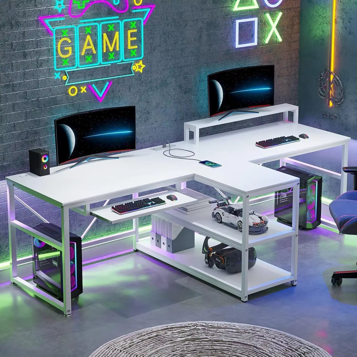 94.5" Twin Computer Gaming Desk with LED Lights, Storage & Keyboard Tray – Large Workstation Desk with Power Strip