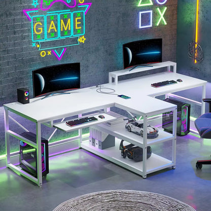 94.5" Twin Computer Gaming Desk with LED Lights, Storage & Keyboard Tray – Large Workstation Desk with Power Strip
