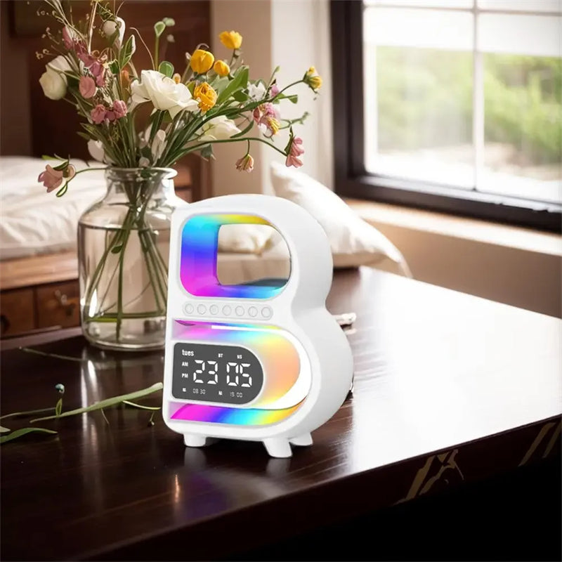 RGB Bluetooth Speaker Lamp with Wireless Charging – B-Shaped Smart LED Music Rhythm Light, Alarm Clock, TF Card & AUX Bedside Table Lamp