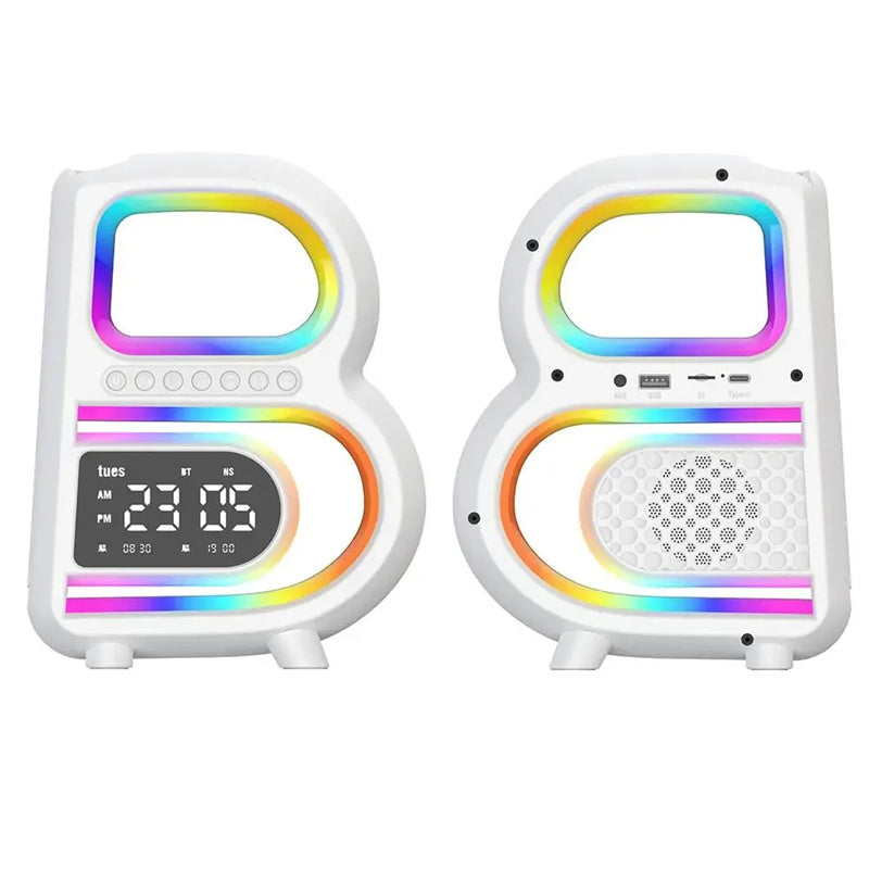 RGB Bluetooth Speaker Lamp with Wireless Charging – B-Shaped Smart LED Music Rhythm Light, Alarm Clock, TF Card & AUX Bedside Table Lamp