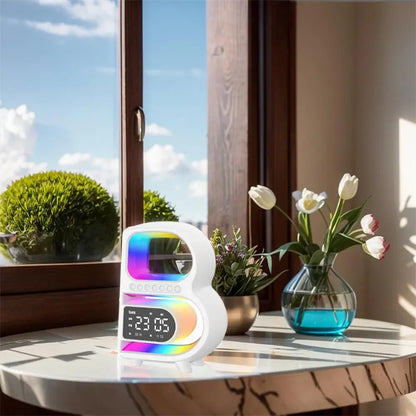 RGB Bluetooth Speaker Lamp with Wireless Charging – B-Shaped Smart LED Music Rhythm Light, Alarm Clock, TF Card & AUX Bedside Table Lamp
