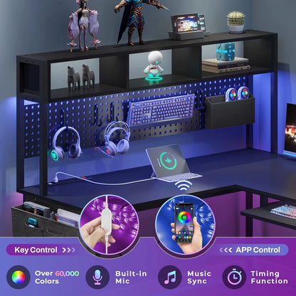 67" L-Shaped Gaming Desk with LED Lights & Power Outlet – Reversible Computer Corner Desk with Pegboard Storage for Home Office & Gaming Setup