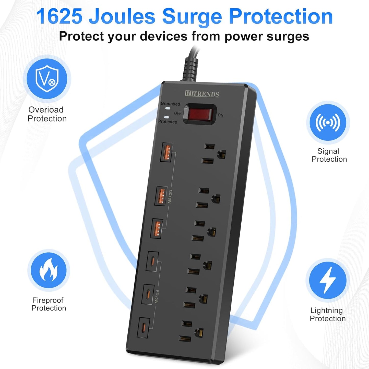 Surge Protector Power Strip – 6 AC Outlets, 6 USB Ports (USB-C + USB-A), 20W Fast Charging, 6FT Cord